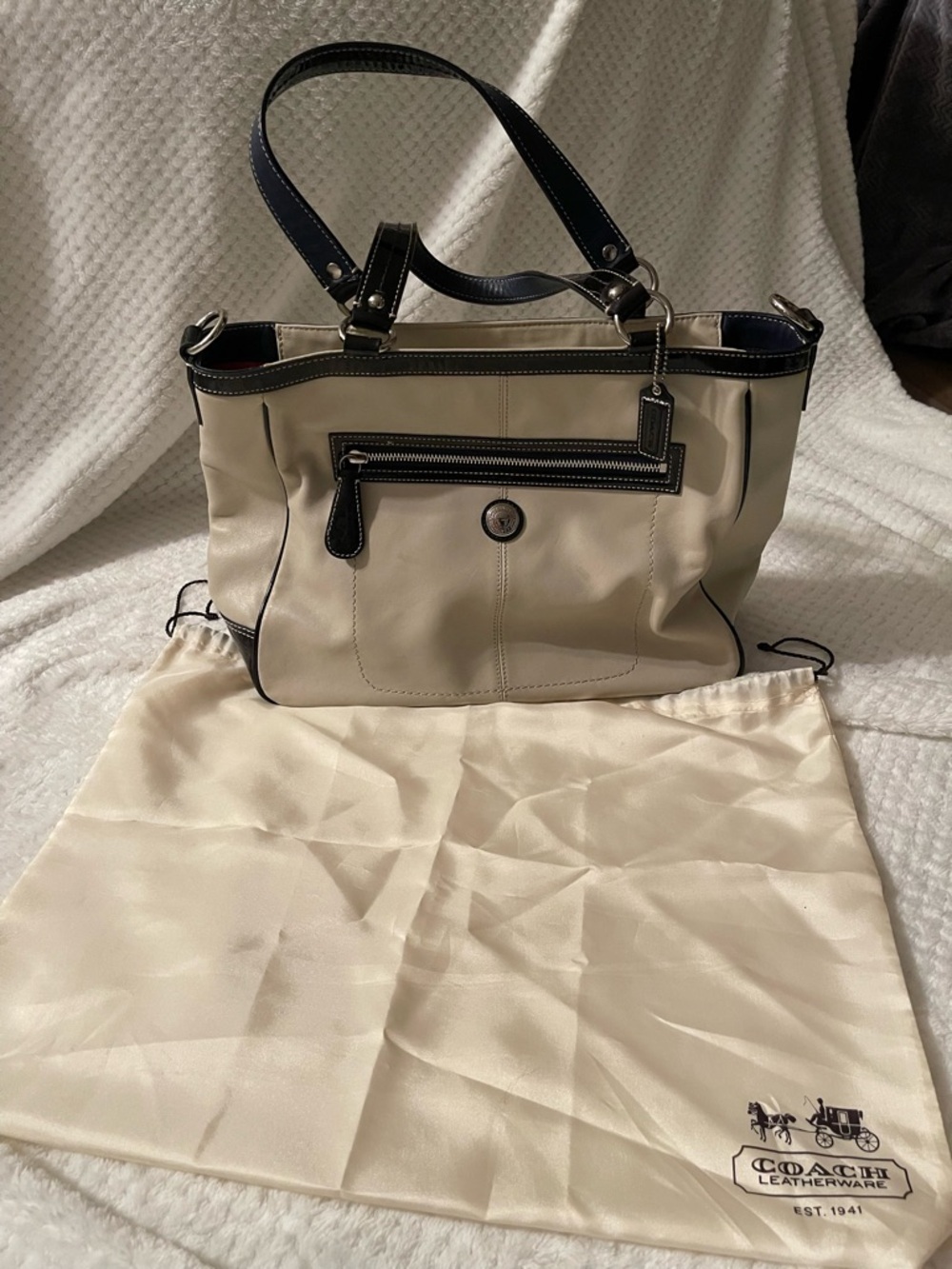 Coach Beige Laura Leather Shoulder Tote with Navy Trim